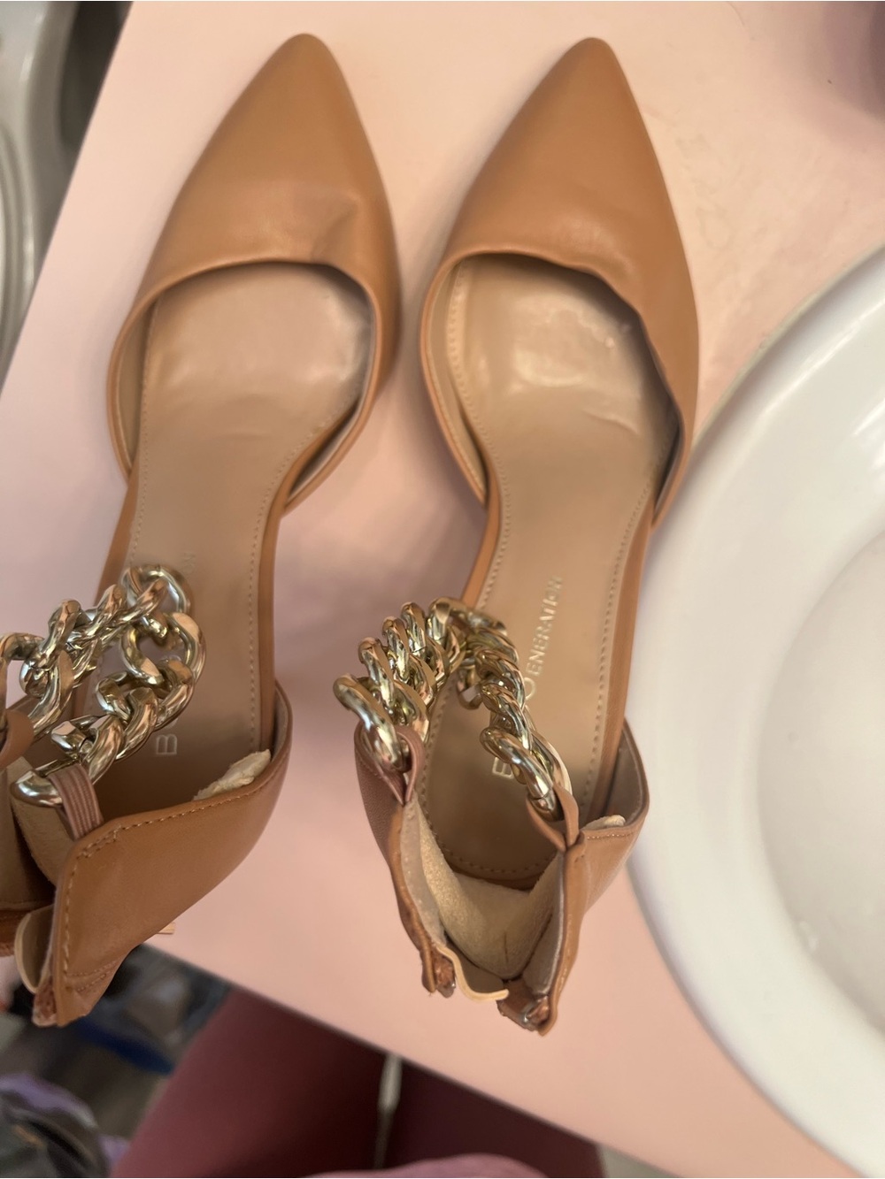 BCBGeneration Tan Pointed-Toe Flats with Gold Chain